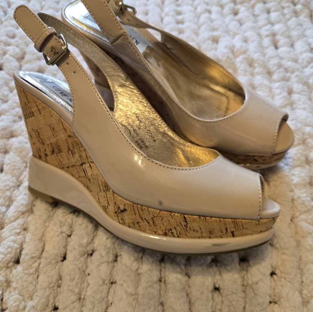 Steve Madden Cream Wedge Sandals with Cork-Style Heel